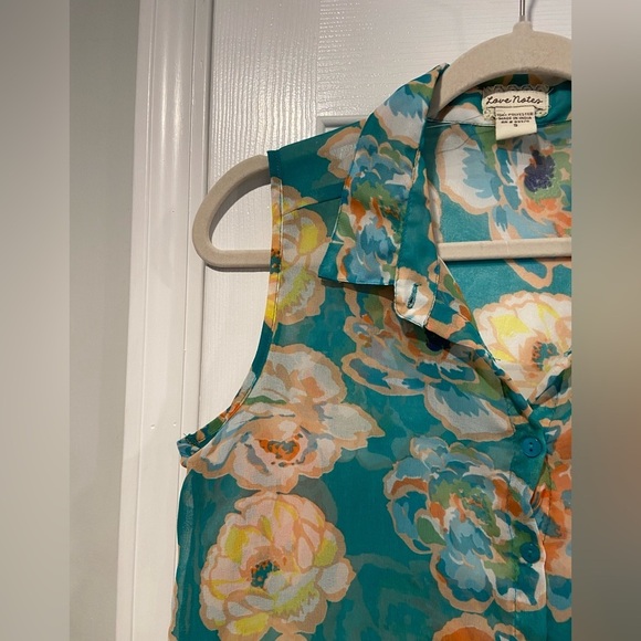 Love Notes Size S Turquoise Floral Sheer Button Down Sleeveless Top - Picture 3 of 9